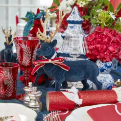 Mrs. Alice Navy Flocked Reindeers with Gold Trimmed Bows (Pair)< Christmas Decorations