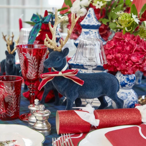 Mrs. Alice Navy Flocked Reindeers with Gold Trimmed Bows (Pair)< Christmas Decorations