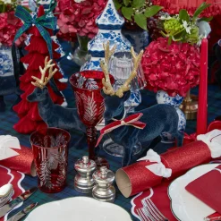 Mrs. Alice Navy Flocked Reindeers with Gold Trimmed Bows (Pair)< Christmas Decorations