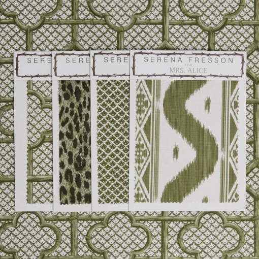 Mrs. Alice Olive Green Bamboo Trellis Fabric< Serena Fresson Fabrics