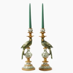 Mrs. Alice Olive Green Parrot Candleholder (Pair)< Summer Candleware | Candle Holders