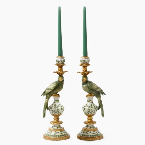 Mrs. Alice Olive Green Parrot Candleholder (Pair)< Summer Candleware | Candle Holders