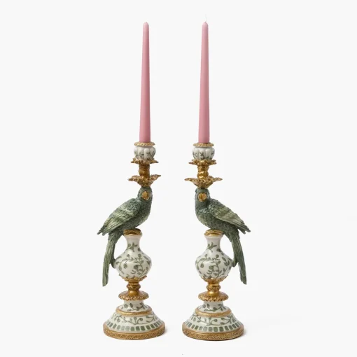 Mrs. Alice Olive Green Parrot Candleholder (Pair)< Summer Candleware | Candle Holders