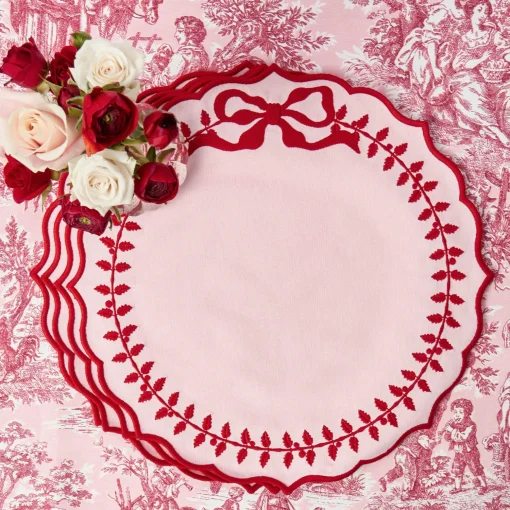 Mrs. Alice Pink & Red Bow Laurel Placemats & Napkins (Set of 4)< Table Linen Sets