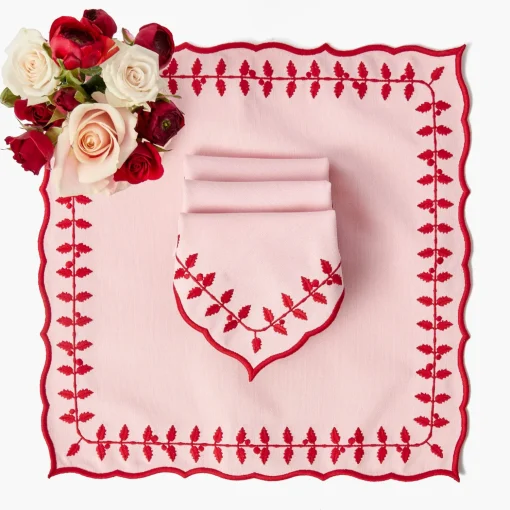 Mrs. Alice Pink & Red Bow Laurel Placemats & Napkins (Set of 4)< Table Linen Sets