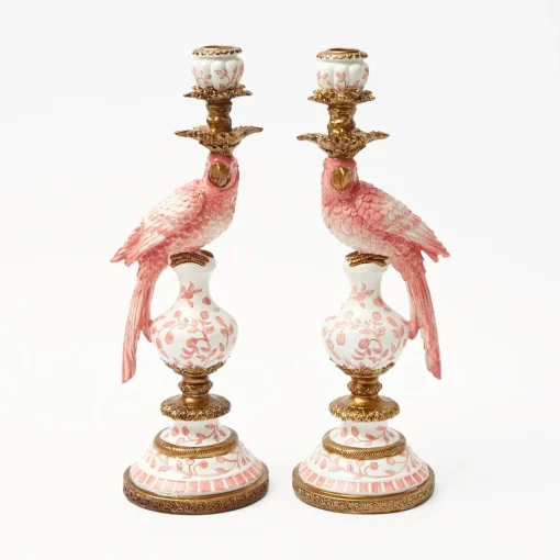 Mrs. Alice Pink Parrot Candle Holder (Pair)< Summer Candleware | Candle Holders