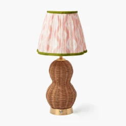 Mrs. Alice Rattan Bardot Rechargeable Lamp with Pink & Green Ikat Shade (18cm)< Rechargeable Table Lamps