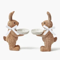 Mrs. Alice Rattan Ribboned Rabbit With Basket (Pair)< Spring Decorations