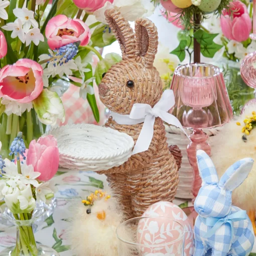 Mrs. Alice Rattan Ribboned Rabbit With Basket (Pair)< Spring Decorations