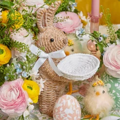 Mrs. Alice Rattan Ribboned Rabbit With Basket (Pair)< Spring Decorations