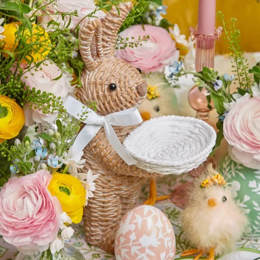 Mrs. Alice Rattan Ribboned Rabbit With Basket (Pair)< Spring Decorations