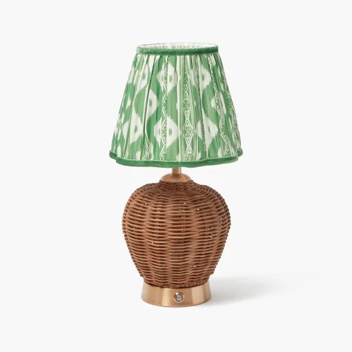 Mrs. Alice Rattan Ursula Rechargeable Lamp with Green Ikat Shade (18cm)< Rechargeable Table Lamps