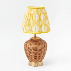 Mrs. Alice Rattan Ursula Rechargeable Lamp with Yellow Ikat Shade (18cm)< Rechargeable Table Lamps