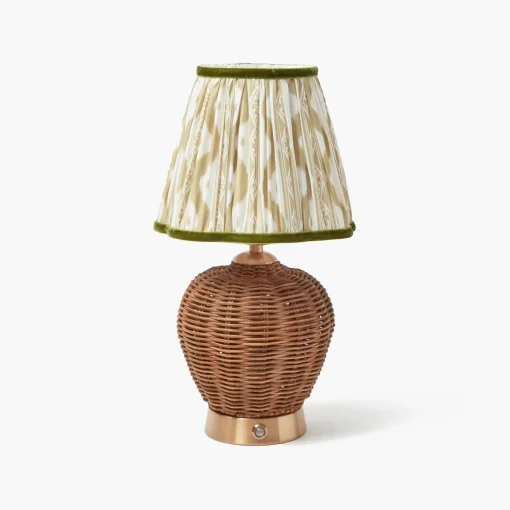 Mrs. Alice Rattan Ursula Rechargeable Lamp with Putty & Green Ikat Shade (18cm)< Rechargeable Table Lamps | Summer Lighting