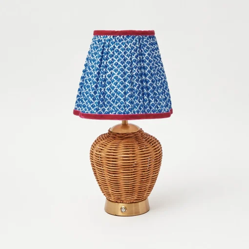 Mrs. Alice Rattan Ursula Rechargeable Lamp with Cobalt & Red Lotus Shade (18cm)< Rechargeable Table Lamps