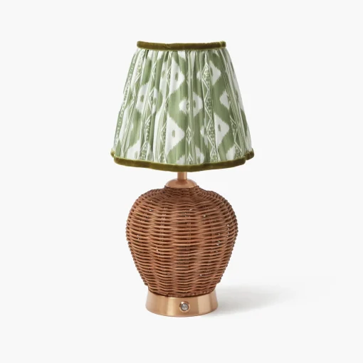 Mrs. Alice Rattan Ursula Rechargeable Lamp with Olive Ikat Shade (18cm)< Rechargeable Table Lamps