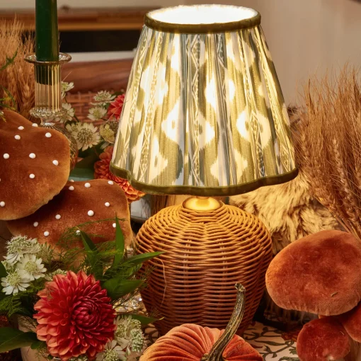 Mrs. Alice Rattan Ursula Rechargeable Lamp with Olive Ikat Shade (18cm)< Rechargeable Table Lamps