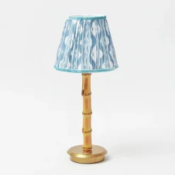 Mrs. Alice Rechargeable Bamboo Lamp with Blue Ikat Shade (18cm)< Rechargeable Table Lamps