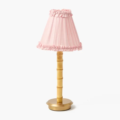 Mrs. Alice Rechargeable Bamboo Lamp with Pale Pink Silk Frilled Shade (18cm)< Rechargeable Table Lamps