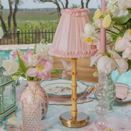 Mrs. Alice Rechargeable Bamboo Lamp with Pale Pink Silk Frilled Shade (18cm)< Rechargeable Table Lamps