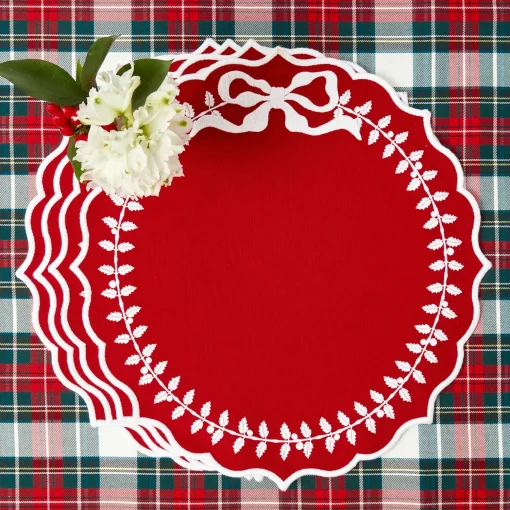 Mrs. Alice Red Bow Laurel Placemats & Napkins (Set of 4)< Table Linen Sets