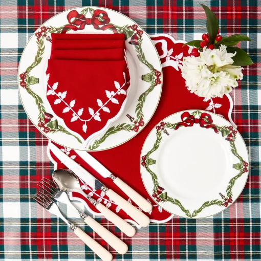 Mrs. Alice Red Bow Laurel Placemats & Napkins (Set of 4)< Table Linen Sets