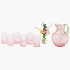 Mrs. Alice Rose Hobnail Jug with Emerald Handle & Glasses (Set of 6)< Glassware Sets