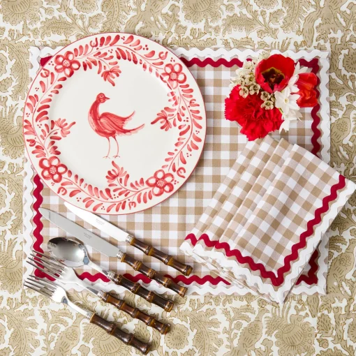 Mrs. Alice Rossina Putty Gingham & Red Placemats & Napkins (Set of 4)< Table Linen Sets
