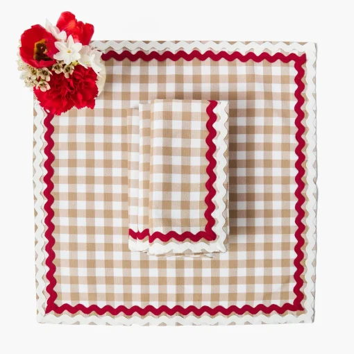 Mrs. Alice Rossina Putty Gingham & Red Placemats & Napkins (Set of 4)< Table Linen Sets
