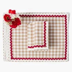 Mrs. Alice Rossina Putty Gingham & Red Placemats & Napkins (Set of 4)< Table Linen Sets