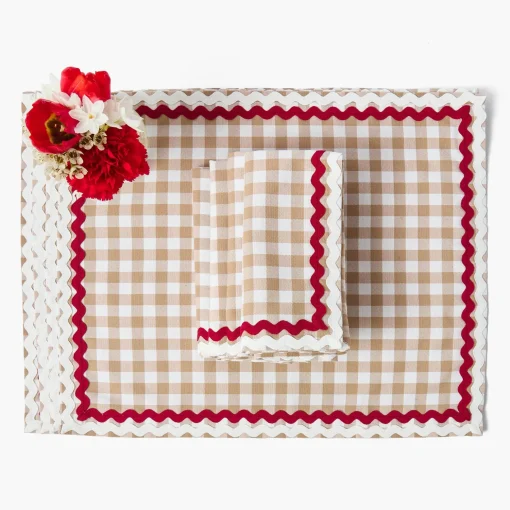 Mrs. Alice Rossina Putty Gingham & Red Placemats & Napkins (Set of 4)< Table Linen Sets