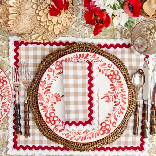 Mrs. Alice Rossina Putty Gingham & Red Placemats & Napkins (Set of 4)< Table Linen Sets