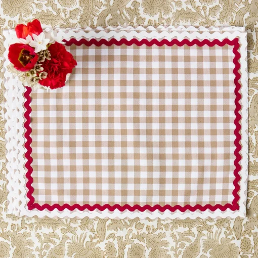 Mrs. Alice Rossina Putty Gingham & Red Placemats & Napkins (Set of 4)< Table Linen Sets