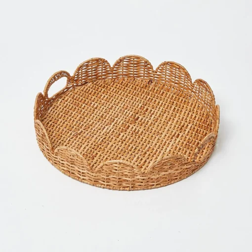 Mrs. Alice Round Scalloped Rattan Tray With Stand< Trays | Trays