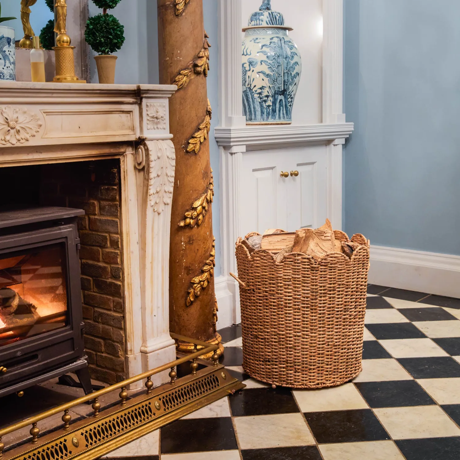 Mrs. Alice Scalloped Rattan Log Basket< For Him | Neutral Chic