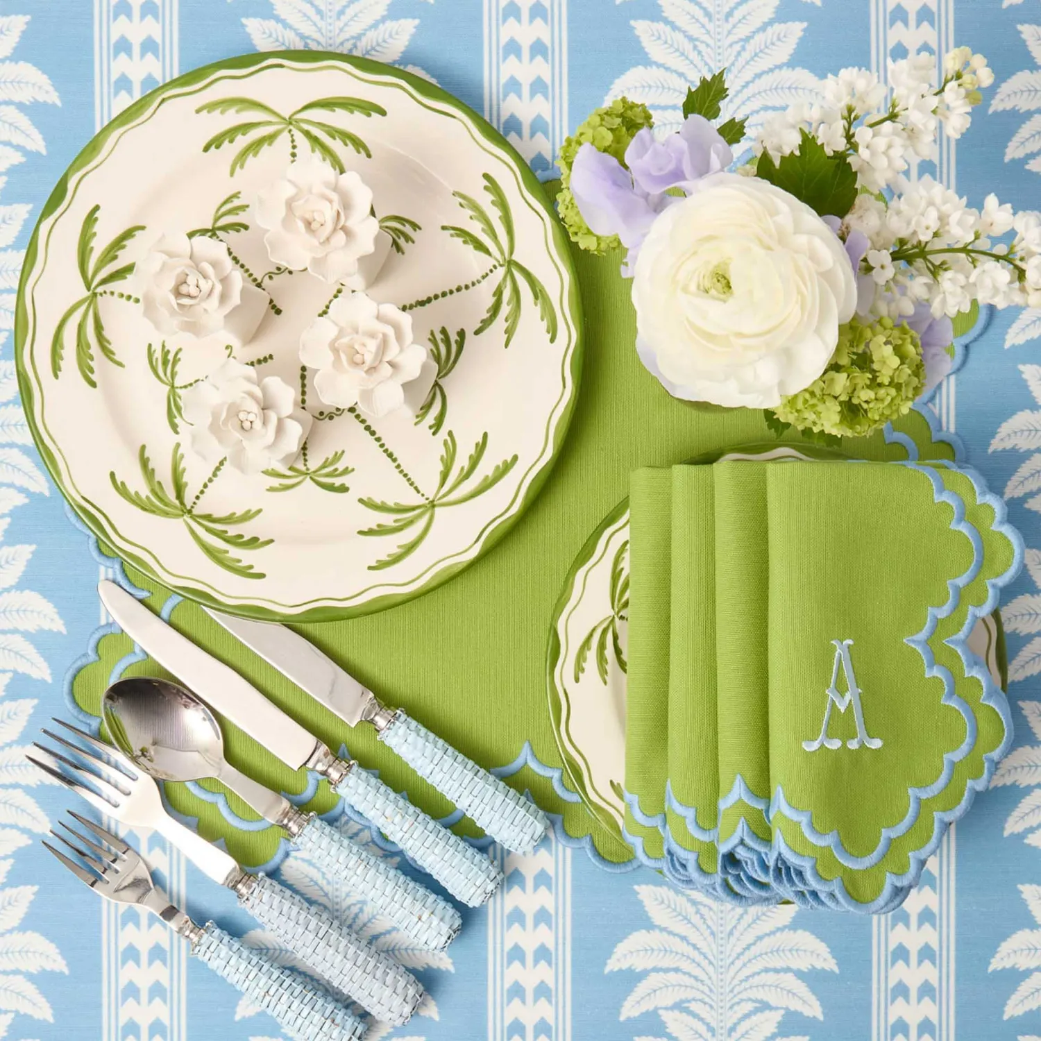 Mrs. Alice Scarlett Green & Blue Placemats & Napkins (Set of 4)< Summer Table Linen | Table Linen Sets