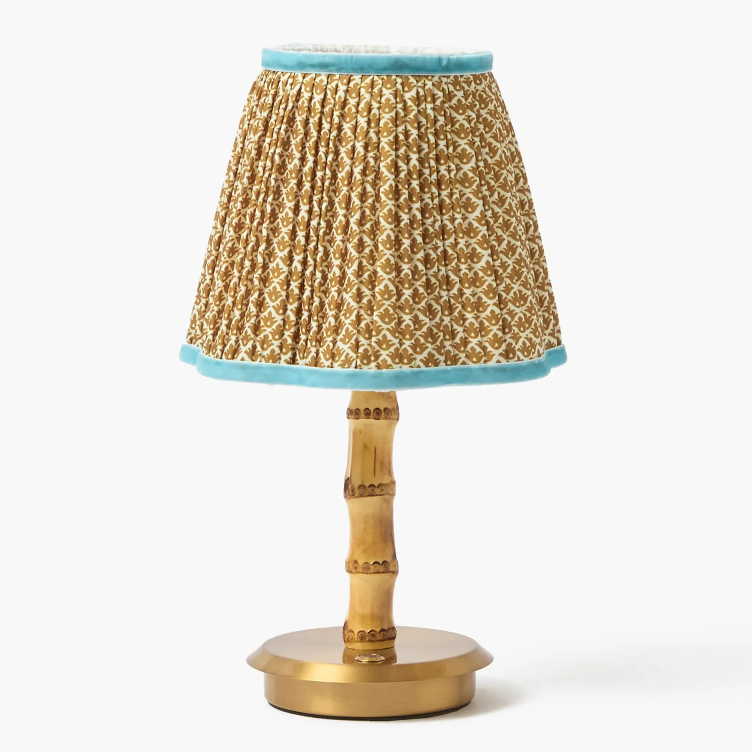 Mrs. Alice Short Bamboo Rechargeable Lamp with Caramel & Blue Lotus Shade (18cm)< Rechargeable Table Lamps | Summer Lighting
