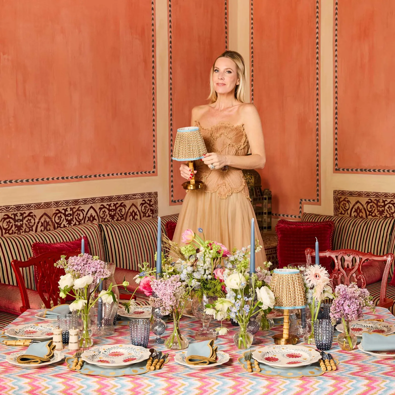 Mrs. Alice Short Bamboo Rechargeable Lamp with Caramel & Blue Lotus Shade (18cm)< Rechargeable Table Lamps | Summer Lighting