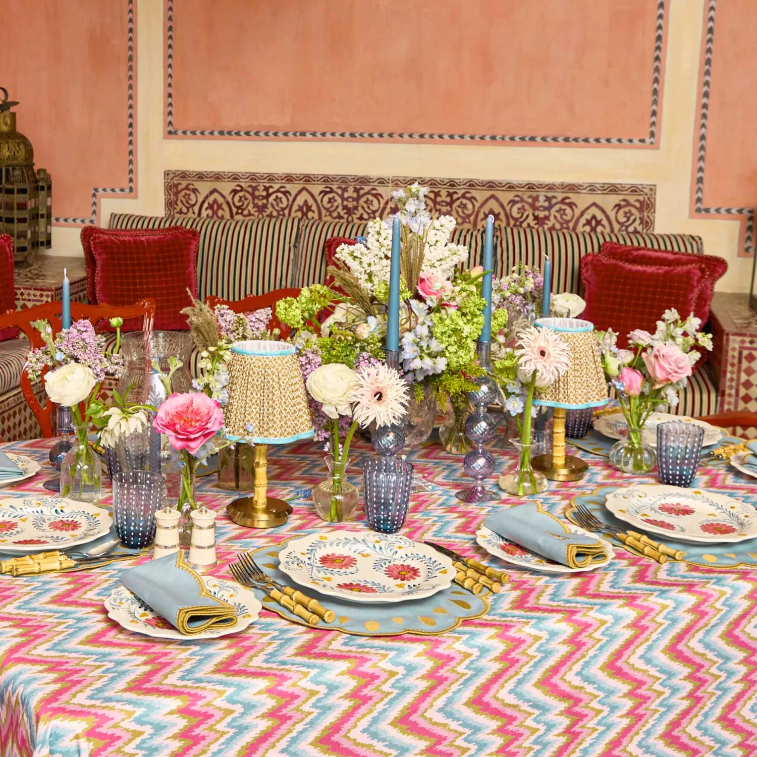 Mrs. Alice Short Bamboo Rechargeable Lamp with Caramel & Blue Lotus Shade (18cm)< Rechargeable Table Lamps | Summer Lighting