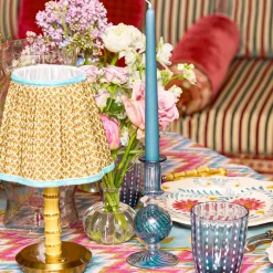 Mrs. Alice Short Bamboo Rechargeable Lamp with Caramel & Blue Lotus Shade (18cm)< Rechargeable Table Lamps | Summer Lighting