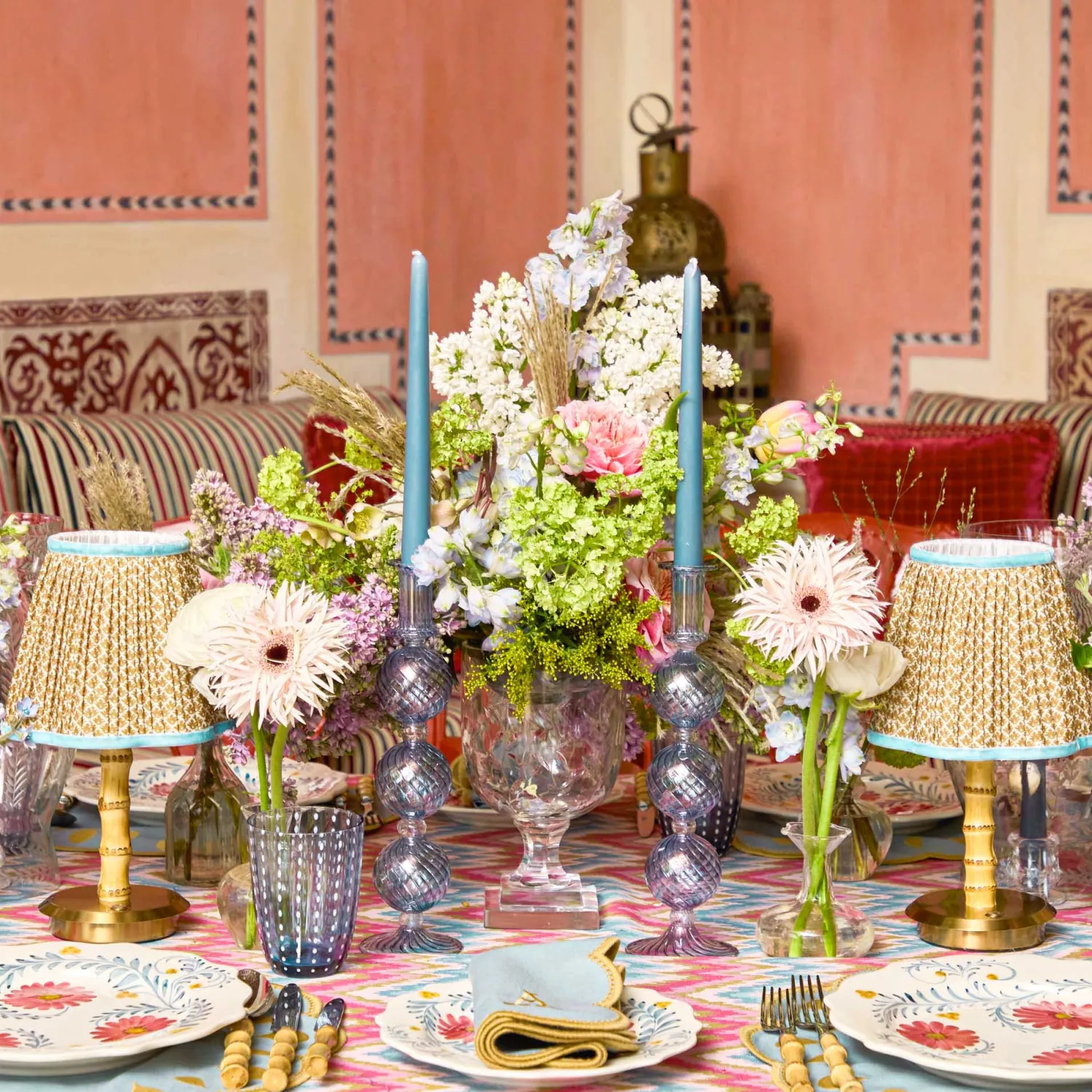 Mrs. Alice Short Bamboo Rechargeable Lamp with Caramel & Blue Lotus Shade (18cm)< Rechargeable Table Lamps | Summer Lighting