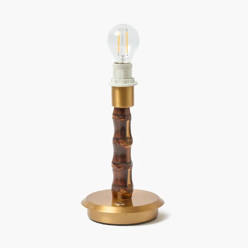 Mrs. Alice Short Burnt Bamboo Rechargeable Lamp with Blue & Putty Ikat Shade (18cm)< Rechargeable Table Lamps | Summer Lighting
