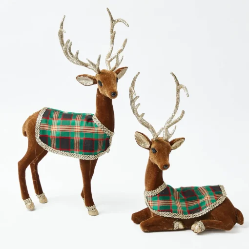 Mrs. Alice Sitting Tartan Flocked Deer (Pair)< Christmas Decorations