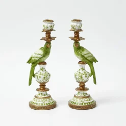 Mrs. Alice Small Green Parrot Candle Holders (Pair)< Summer Candleware | Candle Holders