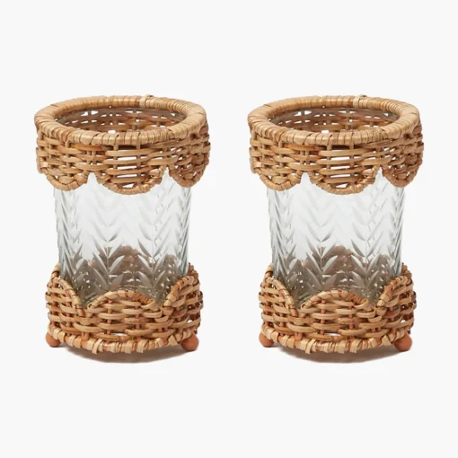 Mrs. Alice Small Helena Rattan Hurricane Lantern (Pair)< Summer Glassware | Summer Candleware