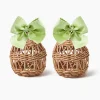 Mrs. Alice Small Rattan Woven Egg with Green Saddlestitch Bows (Pair)< Spring Decorations