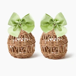 Mrs. Alice Small Rattan Woven Egg with Green Saddlestitch Bows (Pair)< Spring Decorations
