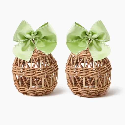 Mrs. Alice Small Rattan Woven Egg with Green Saddlestitch Bows (Pair)< Spring Decorations