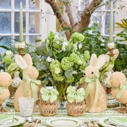 Mrs. Alice Small Rattan Woven Egg with Green Saddlestitch Bows (Pair)< Spring Decorations