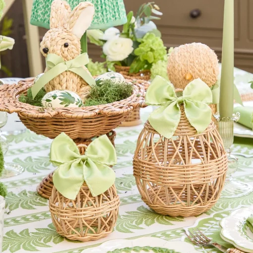 Mrs. Alice Small Rattan Woven Egg with Green Saddlestitch Bows (Pair)< Spring Decorations